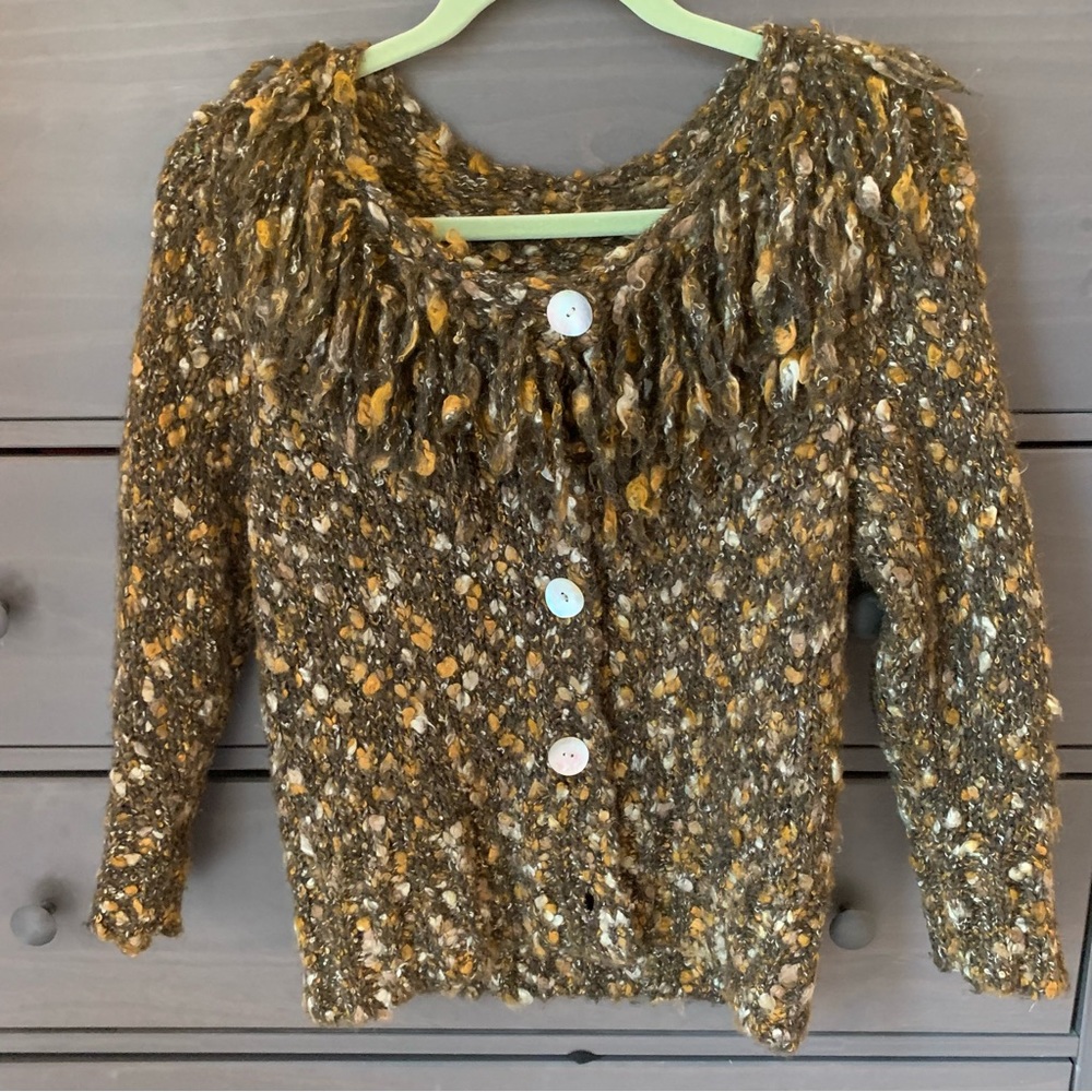 Ruby Rd Green gold and White With Fringe Around Collar Sweater L